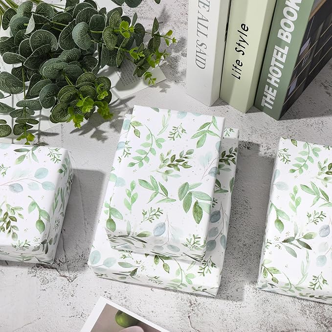 JarThenaAMCS Greenery Wrapping Paper Roll 16.9 In x 32.8Ft Green Leaves Gift Wrap Paper Spring Decorative Art Paper for Baby Shower Birthday Gift Packing Supplies