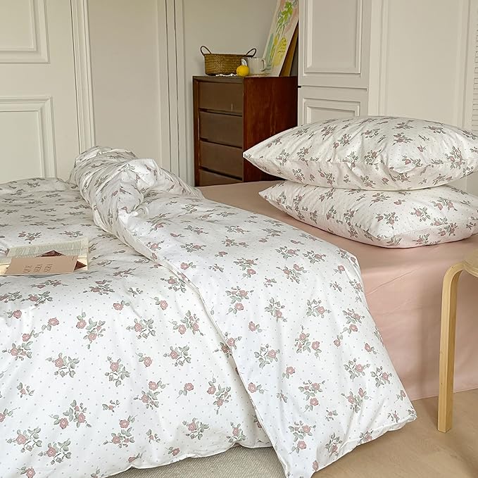 AOJIM Aesthetic Floral Pattern Duvet Cover Set for Kids and Adults, 100% Cotton Skin-Friendly Comforter Cover Set 3pcs, 1 Super Soft Quilt Cover King Size and 2 Matching Pillowcases for Room Decor