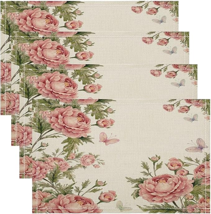 Pink Flowers Placemats Set of 8, 17x12 Inch Rustic Farmhouse Romantic Spring Floral Blossom Butterfly Table Mats for Home Party Kitchen Dining Decor