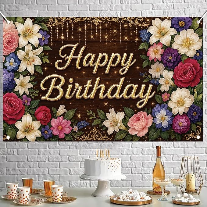 Rustic Wooden Gold Letter Happy Birthday Backdrop Banner for Women Girls Flowers Photography Background Decoration Wedding Baby Shower Decor Photo Booth Studio Props Supplies 6x4ft