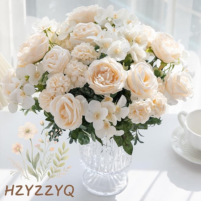 8 Pack Artificial Peony Flowers, Silk Peonies Flowers Fake Peonies Artificial Flowers Peonies Hydrangea Bouquet for Centerpiece Table Wedding Party Home Decor (8, White)