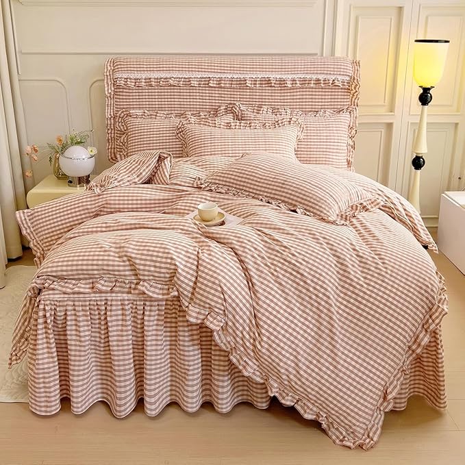 LifeTB Pink Gingham Comforter Set Twin XL Vintage Ruffle Pink Plaid Comforter Set Soft Fluffy 3 Pieces Grid Checkered Pattern Comforter with 2 Pillowcases Farmhouse Gingham Bedding Set Twin XL