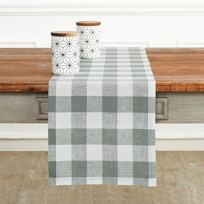 Solino Home Linen Checkered Table Runner 120 Inches Long - 100% Pure Linen Grey and White Buffalo Check Table Runner 14 x 120 Inch Ideal for Dining, Spring, Easter