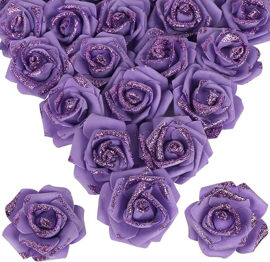 100pcs Purple Glitter Roses 2.56" Foam Glitter Flowers Fake Roses Purple Flowers Artificial Roses for Bridal Shower Centerpieces DIY Wedding Flower Floral Arrangements (Purple)