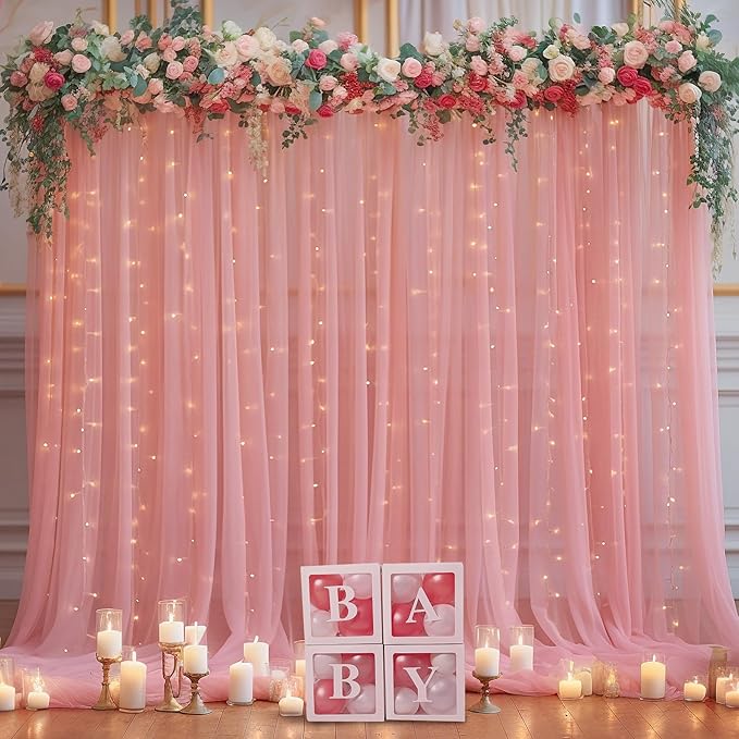 10x10ft Dusty Rose Tulle Backdrop Curtain with Lights String for Parites, Sheer Backdrop Curtains for Wedding Baby Shower Birthday Party Photo Shoot Decorations