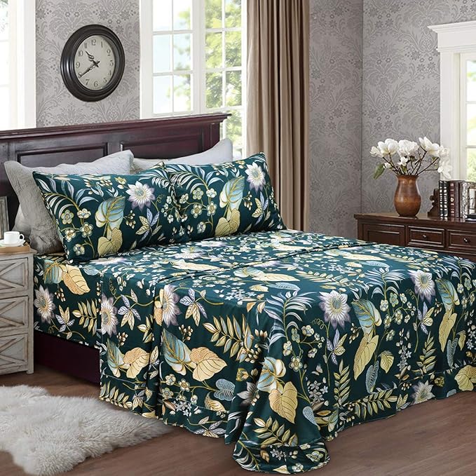 FADFAY Sheets Set Cal King Teal Elegant Floral Bedding Tropical Plam Leave Sunflower bedding 800 TC Luxury Coquette Sheets 100% Egyptian Cotton Deep Pocket Bed Sheet Set, 4 Pieces-California King Size