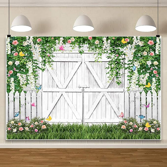 AOFOTO White Barn Door Floral Backdrop 9x6ft Spring Garden Background Banner Green Leaves Flowers Butterfly Wooden Door Backdrops Birthday Bridal Shower Wedding Banner Photo Booth Studio Props