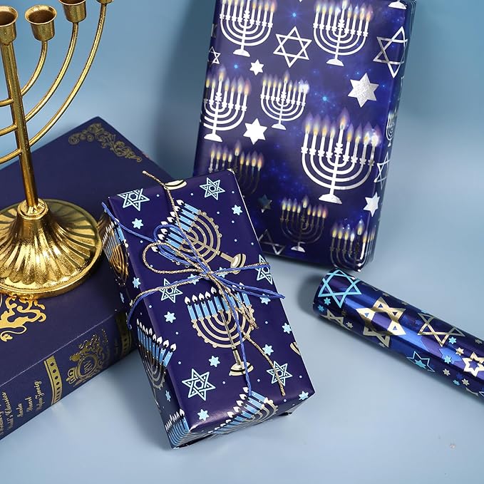 WRAPAHOLIC Hanukkah Wrapping Paper - 3 Rolls, 17 Inch x 120 Inch Each - Blue Menorah and Star of David Design with Metallic Foil Shine