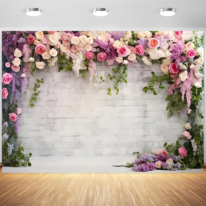 6x4ft Wedding Backdrop Rustic White Brick Wall Flowers Photography Background Bridal Shower Wedding Party Adults Portraits Decoration Supplies Photo Booth Props