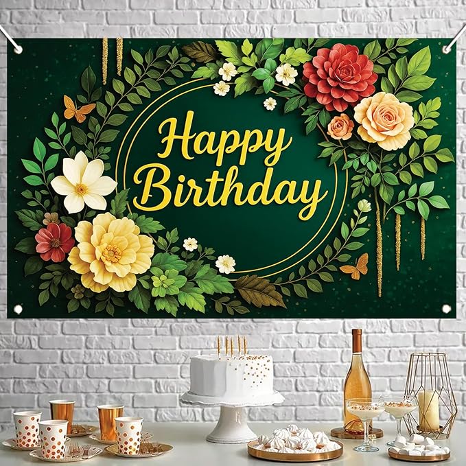 Greenery Birthday Backdrop Green Floral Banner Butterfly Happy Birthday Photography Background for Women Girls Lady Newborn Baby Shower Party Supplies Photo Booth Props 71 x 43 Inch
