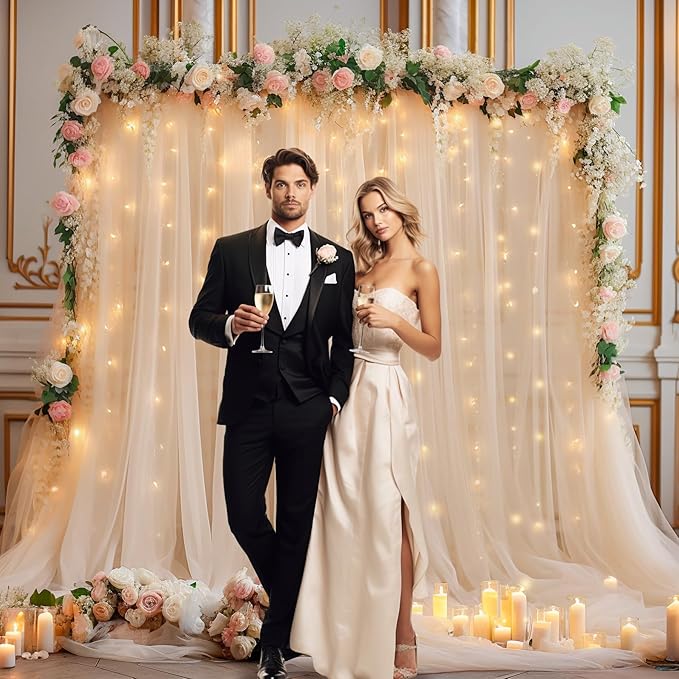 20x8ft Champagne Tulle Backdrop Curtain with Lights String for Parites, Sheer Backdrop Curtains for Wedding Baby Shower Birthday Party Photo Shoot Decorations