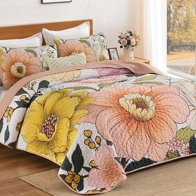 Dintszyayue Pink Quilt Set Queen,3 Pieces Floral Bedspreads Lightweight Coverlet Set for All Seasons, Reversible Quilted Printed Bedding Set with 2 Pillow Shams