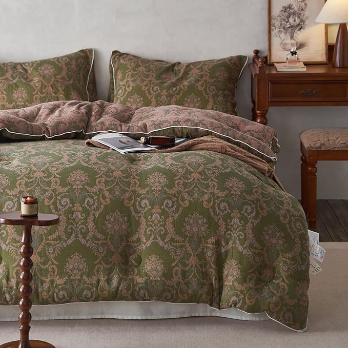 HighBuy Full Comforter Set Olive Green Paisley Floral Comforters Full Size Luxury Soft Muslin Cotton for All Seasons Floral Bedding Set with Comforters,2 Pillowcases,Breathable