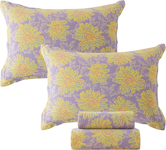 FADFAY Sunflower Sheets Set King Vintage Yellow Purple Floral Bedding Shabby Farmhouse Bedding Super Soft Washed Double -Layer Muslin Sheets 100% Cotton Deep Pocket Fitted Sheet 4Pcs, King Size