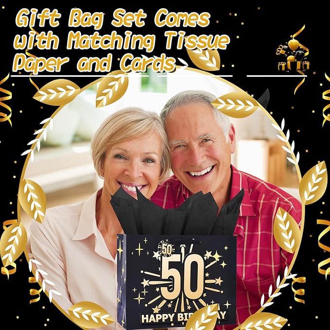 Bloomwords 50th Birthday Gift Bag Set with Card & Tissue – 13" Elegant Keepsake Party Bags for Unisex Anniversaries, Gift Wrapping & Celebrations