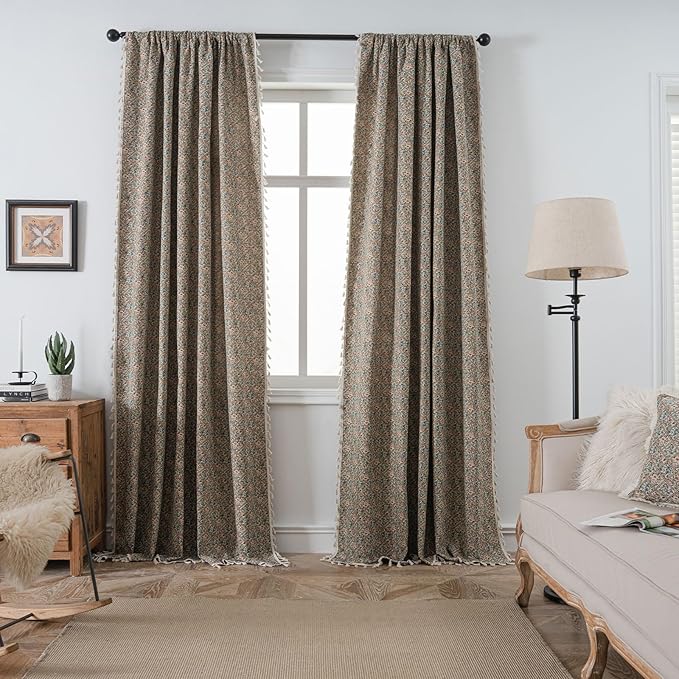 ENJOYBRIDAL Floral Living Room Curtains 84 Inches Boho Drapes Jacquard Semi Sheer Bedroom Patterned Window Curtains Farmhouse Country Rod Pocket Aesthetic Tassel 2 Panels Window Treatments