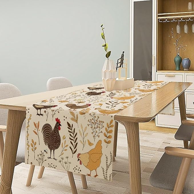 Farmhouse Rooster Table Runner, Rustic Farm Animals Cute Cartoon Chicken Floral Dinner Runner for Farmhouse Home Kitchen Dinner Table Holiday Party Decoration 13x70in