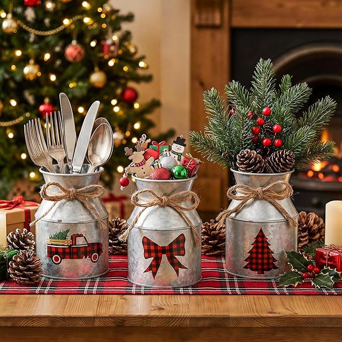 Domensi 3 Pcs Christmas Flower Vases for Table Centerpieces Bulk 5.12 Inch Metal Galvanized Farmhouse Flower Buckets with Bow Rustic Xmas Milk Can Jug for Kitchen Dining Room Table Decor (Iron)