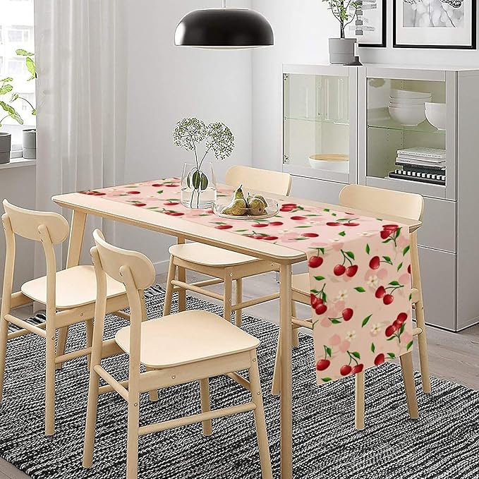 Cherry Table Runner,Spring Summer Fruit Tropical Birthday Party Decorations Dining Room Home Kitchen Table Decor 13 x 36In