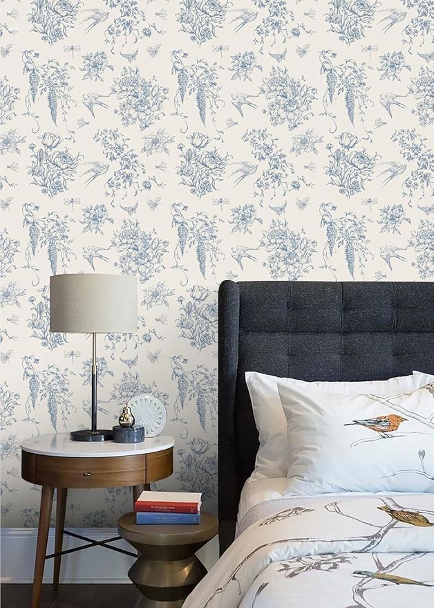 Cream White and Blue Peel and Stick Wallpaper Vintage Floral Contact Paper 16.9"x 393.7" Blue Floral Wallpaper Peel and Stick Birds Self Adhesive Removable Wall Paper for Bedroom Bathroom