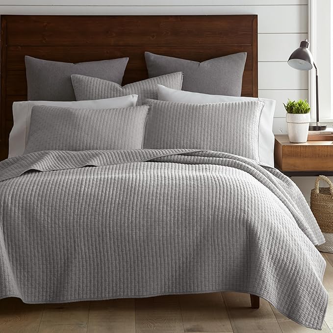 Levtex Home Cross Stitch Reversible Twin XL/Twin Quilt Set (68x86in) and 1 Pillow Sham (26x20in) - Stitch Texture - Light Grey - Cotton Twin/Twin Size Quilt Bedding Set - Lightweight Soft Pre-Washed