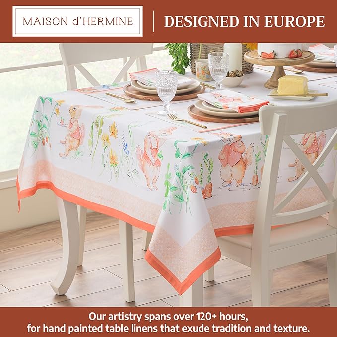 Maison d'Hermine Table Cloth Rectangle Table 100% Cotton Tablecloth for Dining Room, Farmhouse, Home, Hotel, Parties & Wedding - Ideal for Easter Decorations Spring & Summer (Bunny Party, 60" x 120")