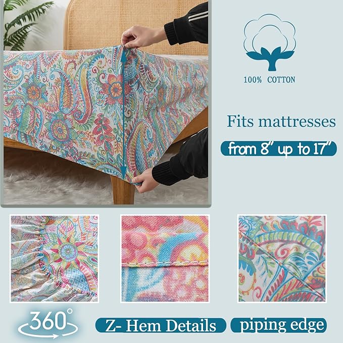 Zusbest California King Floral Sheets 100% Cotton Pink Green Paisley Bed Sheet Set Watercolor Bedding Luxury Soft Breathable Crispy Cooling Percale Sheets 17.5'' Deep Pocket Sheets Cal King, 4 Pieces