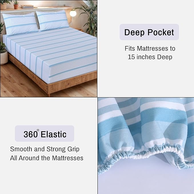 RUVANTI 100% Organic Cotton Sheets King Size, Percale Weave, GOTS Certified, 4-Piece Set, Deep Pocket 15", Crisp & Breathable, Soft Durable Bedding, Sábanas Algodón Orgánico – Nautical Stripes