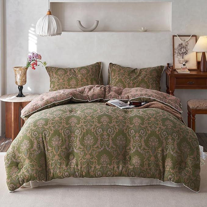 HighBuy Twin XL Comforter Set Paisley Floral Comforters Muslin Cotton Ultra Soft Twin XL Bedding Set with Floral Comforter and 2 Pillowcases Luxury Chic Bedding Comforter Olive Green