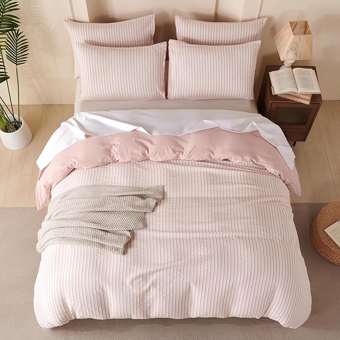 Striped Duvet Cover Set King Pink Washed Microfiber Jacquard 3 Pieces Bedding Set, White Pink Vertical Ticking Stripes Pattern Comforter Cover with Zipper Closure Breathable Durable Soft Comfy
