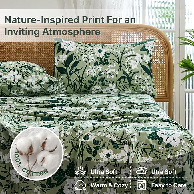 100% Cotton Sheet Set Queen Size – 4-Piece Luxury Forest Green Floral Bedding, Soft Breathable Percale Weave, Deep Pocket Fitted Sheet 17.5", Crisp Cool Feel, Refined Botanical Elegance