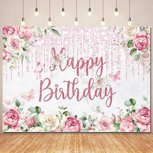 Rose Gold Birthday Backdrop Floral Birthday Decorations,Blush Pink Flower Glitters Happy Birthday Backdrops Banner Photography Background for Women Girls Bday Party Photo Booth Supplies 5x3ft