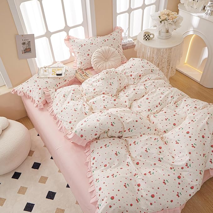 HighBuy Strawberry Full Comforter Set Cute Ruffle Bedding Comforter with 2 Pillowcases Fluffy Kawaii Bedding Sets Full Girl Ruffled Comforter Sets for All Season,Lightweight