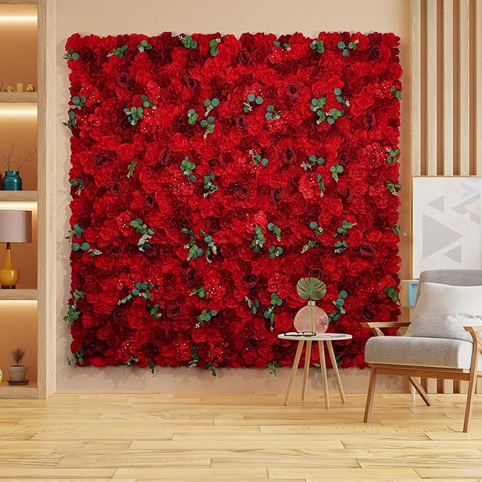 Red Flower Wall Backdrop 12 Piece of 16.5x16.5 Inch Artificial Floral Wall Panel Silk Rose Wall Decor Ideal for Wedding Celebrations, Festive Party Backdrops, and Home Decor