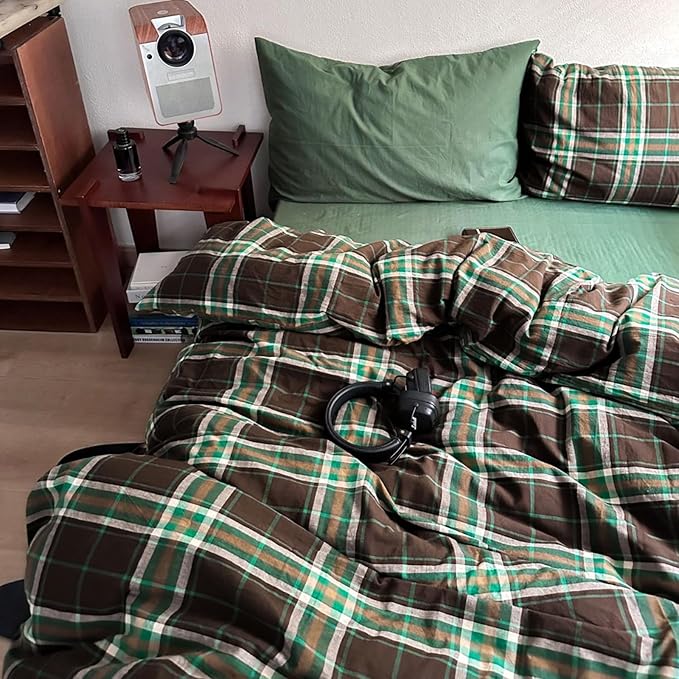 LifeTB Queen Comforter Set Brown Green Plaid Comforter Set, 3 Pieces Vintage Plaid Checkered Comforter with 2 Pillowcases, Fluffy Soft Breathable Grid Pattern Farmhouse Gingham Bedding Set Queen