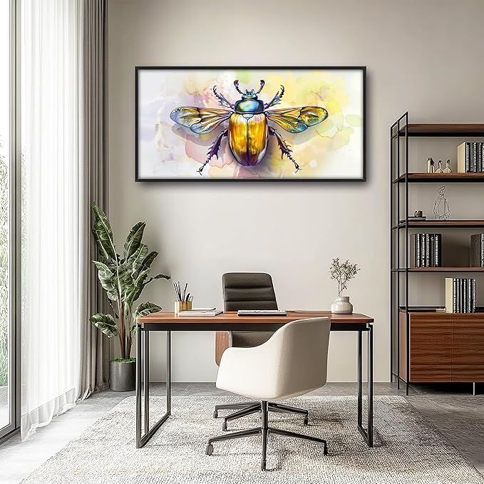Framed Large Pictures Wall Art for Living Room, Insect Bettle Oversized Wall Decor Golden Bug Canvas Print Painting Extra Large Framed Artwork for Bedroom Office 60"x30"