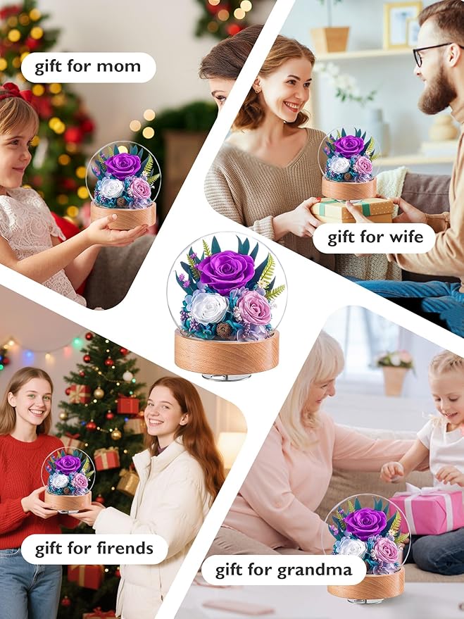 Eterfield Flowers for Delivery Prime, Christmas Preserved Roses Gifts for Women - Forever Flower in Glass Dome Birthday Gifts for Mom Wife Grandma Her Valentine’s Day (Purple, Sphere)