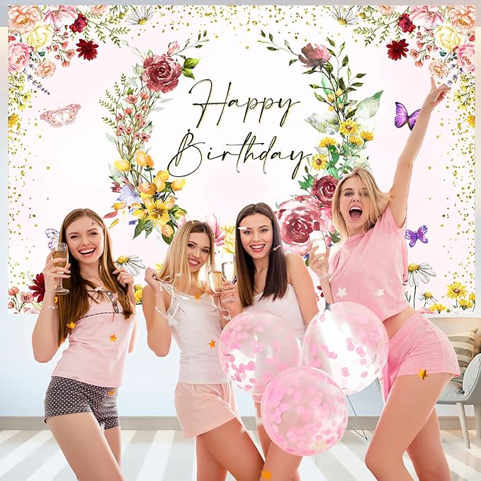 InMemory Spring Wildflower Backdrop Wild flower Birthday Decorations for Girl,Watercolor Butterfly Floral Happy Birthday Banner Background for Wildflower 1st Bday Party Supplies Photobooth Props 6x4ft