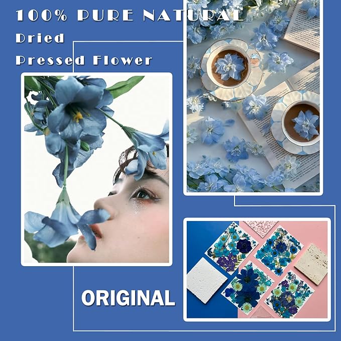 94Pcs Blue Dried Pressed Flowers for Resin Molds, Assorted Real Natural Bulk Dry Floral Leaves for DIY Art Crafts, Epoxy Jewelry, Candle, Soap Making, Nails Decors Gifts