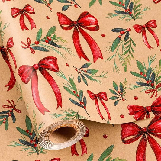 MAYPLUSS Christmas Wrapping Paper Roll - 17IN X 33FT - Kraft Gift Wrapping Paper Featuring Cute Bow Christmas Holly Reversible Cut Lines for Kids, Holiday, New Year