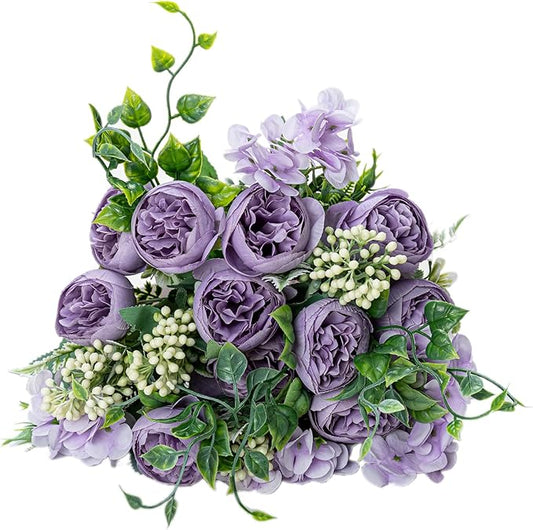 KAOYOO 2 PCS Artificial Peony Bouquet Short Stem for DIY Wedding Decoration Bridal Bouquet Home Decorations(Purple 2-PCS)