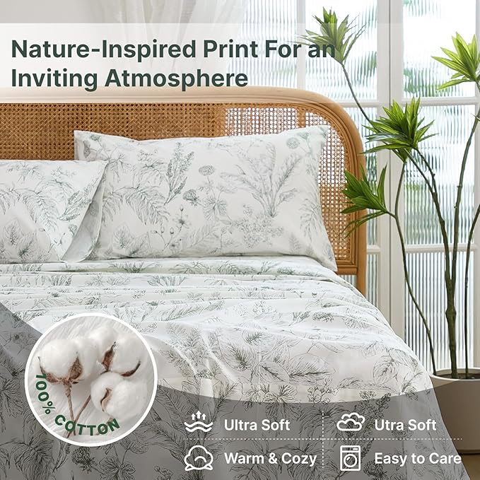 100% Cotton Sheet Set King Size – 4-Piece Chic Garden Floral Bedding Set, Soft Breathable Percale Weave, Deep Pocket Fitted Sheet 17.5", Crisp Cool Feel, Refined Botanical Elegance