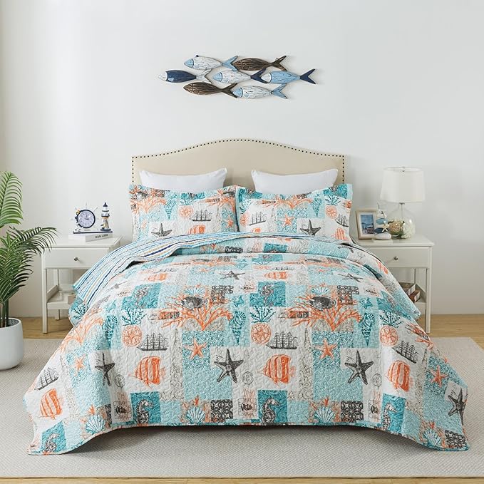 HoneiLife Quilt Set Queen Size - 3 Pieces Nautical Bedspreads Coastal Coverlets Ocean Bed Cover Queen Quilt Bedding Set All Season Quilts