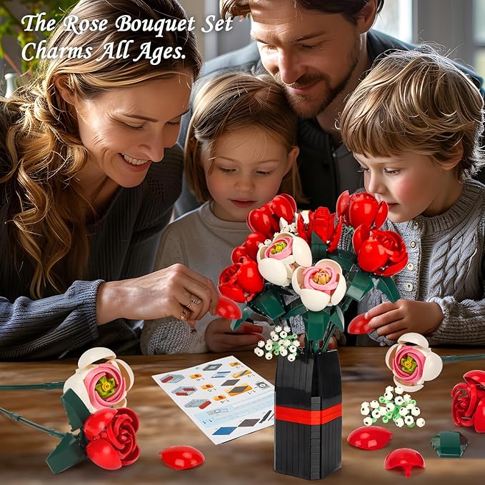 Roses Flower Bouquet Building Kit, Artificial Roses Flower Bouquet Building Set with Vase, DIY Artificial Flower Bouquet Set for Home Office Decoratin, Valentine Christmas