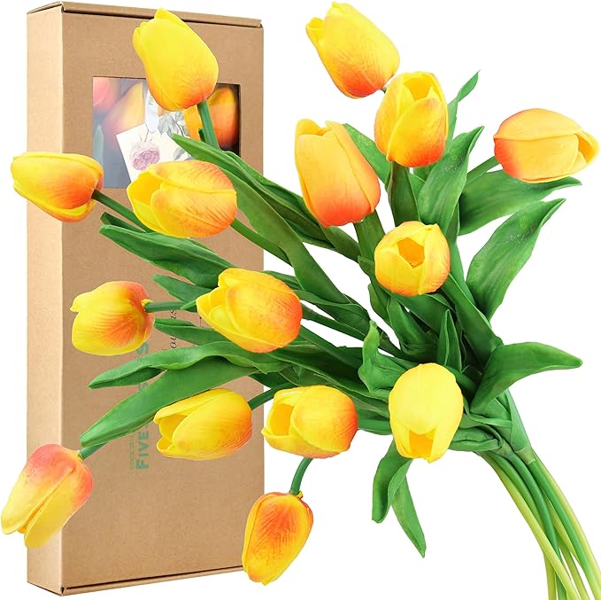 FiveSeasonStuff Real Touch Tulips Artificial Flowers – 15 Stems Faux Tulip Bouquet in Gift Box for Wedding, Home Decor, Party, Floral Arrangements (Sunset Orange)