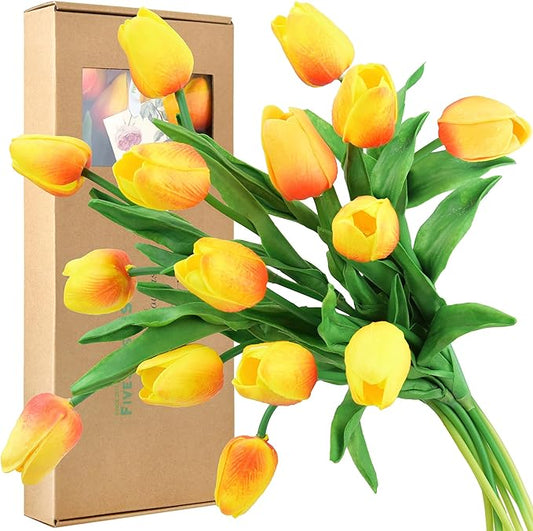 FiveSeasonStuff Real Touch Tulips Artificial Flowers – 15 Stems Faux Tulip Bouquet in Gift Box for Wedding, Home Decor, Party, Floral Arrangements (Sunset Orange)