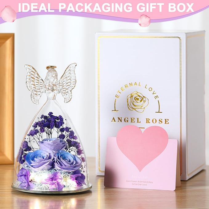 Christmas Rose Gifts for Women Preserved Real Flower in Glass Angel Figurines Roses for Delivery Prime Birthday Gifts for Mom Grandma Girlfriend Wife Her, BluePurple
