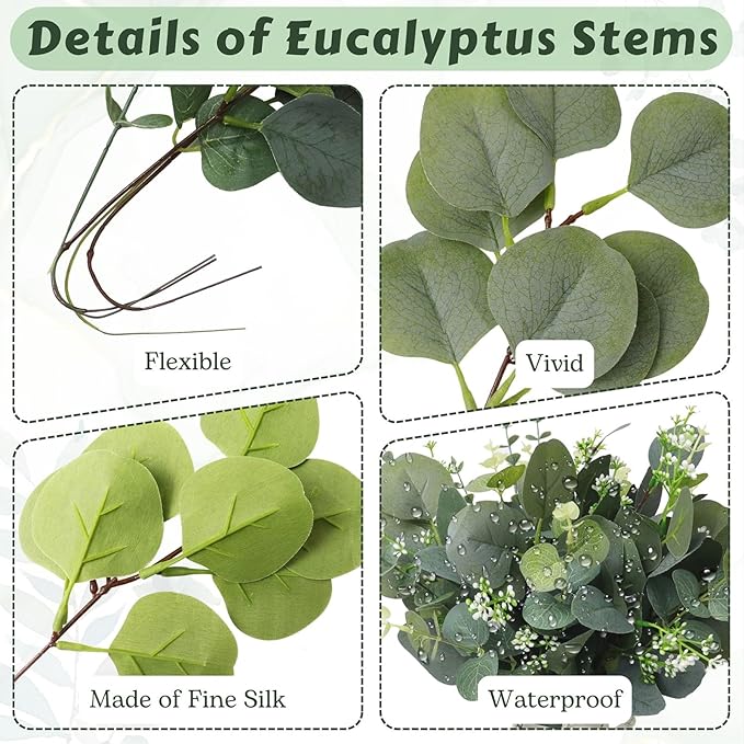 Eucalyptus Leaves Stems 30 PCS, 4 Kinds Mixed Artificial Greenery Stems for Wedding Decor Vase Floral Arrangement Centerpiece