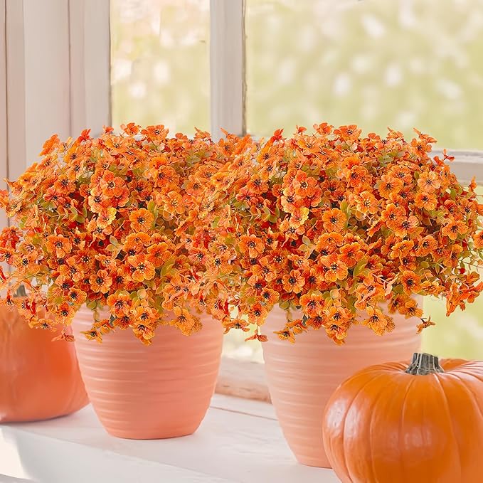 20 Bundles Realistic Artificial Fall Flowers for Outdoors, UV Resistant Autumn No Fade Fake Fall Flowers, Look Real for Farmhouse Thanksgiving Halloween Home Garden Front Porch Decor(Orange)