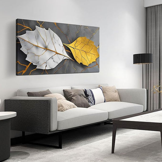 Large Canvas Wall Art for Living Room Bedroom Office Gold and White Leaves Picture Modern Canvas Prints Grey Abstract Framed Wall Decor Size 24x48